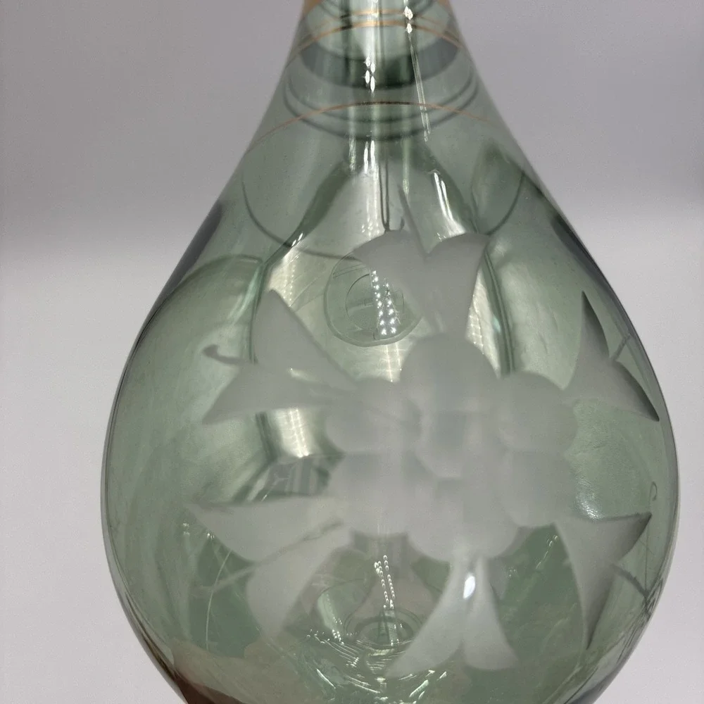 Vintage Egyptian Hand Blown Glass Ornament Green Etched Floral Gold Trim 9.75